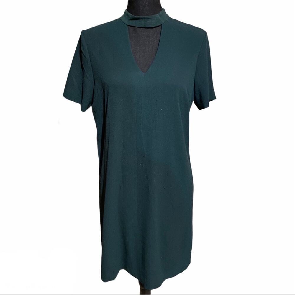 Dex Short Sleeve Keyhole Cutout Dark Green Shift Dress Women's M Medium